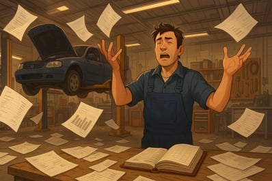 a banner image for a blog post about money management Please do not use any text in the image Id like a depiction of an auto shop with its books in disarray Perhaps there are financial papers scattered around the floor and falling through the air as